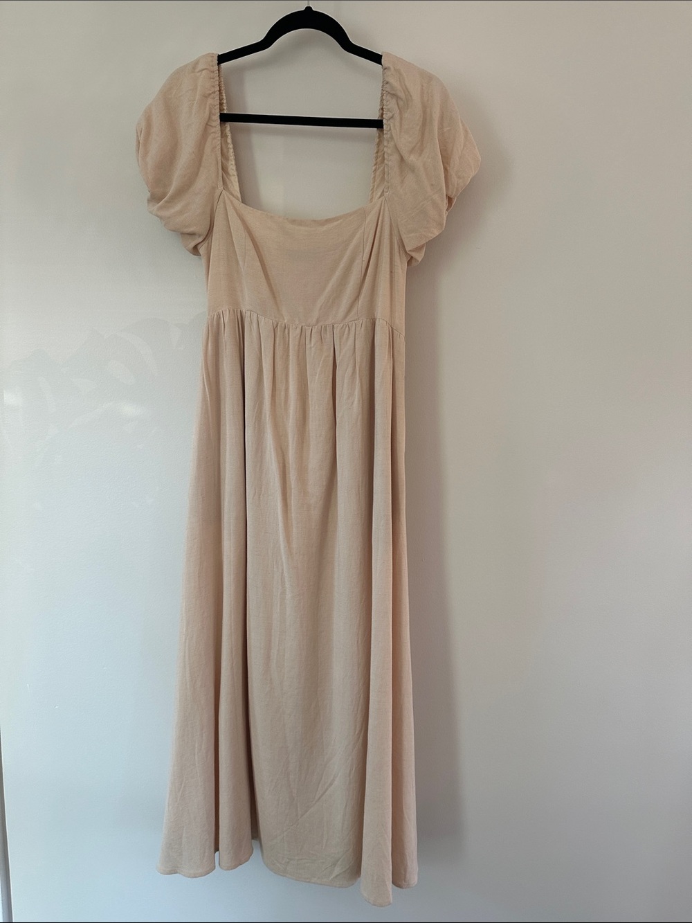 Cream Square-Neck Puff Sleeve Midi Dress